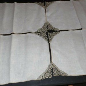 VINTAGE LINEN FLORAL CROCHET TABLE NAPKINS ECHRU/DK TAN 4 PC